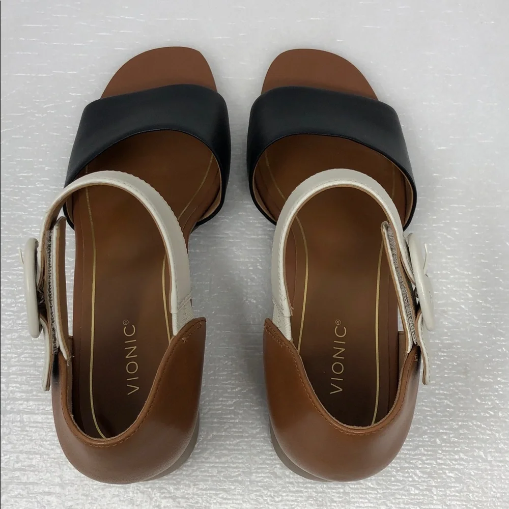 NEW Vionic Heels Chardonnay Tan Black Cream Leather Block Heel Adjustable Strap - Picture 4 of 13